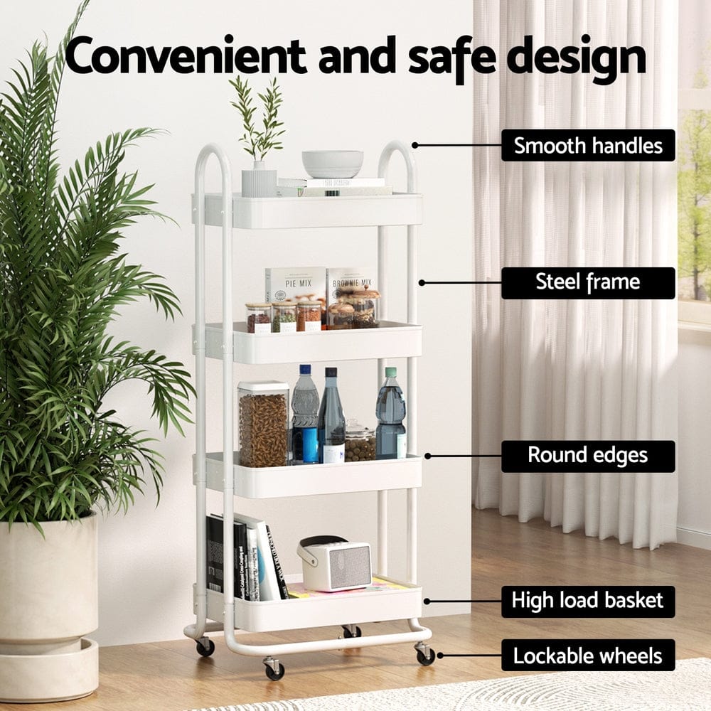Artiss Storage Trolley Kitchen Cart 4 Tiers White - SportZone.co.nz