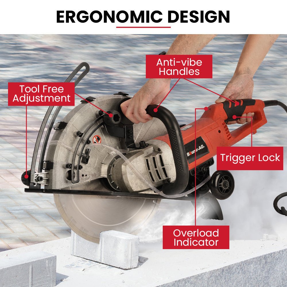 BAUMR-AG 3500W 350mm/14" Electric Concrete Demolition Cut-Off Saw, Wet and Dry Cutting, Diamond Blade, Vacuum Port, 15A Plug - SportZone.co.nz