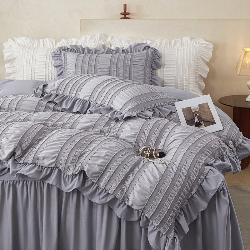 Beige Elegant Ruffle Seersucker Duvet Cover with 2PCS Pillow Shams - 3 - Piece Vertical Stripe Clipped Floral Textured Bedding (King Size 264 x 229 CM) - SportZone.co.nz