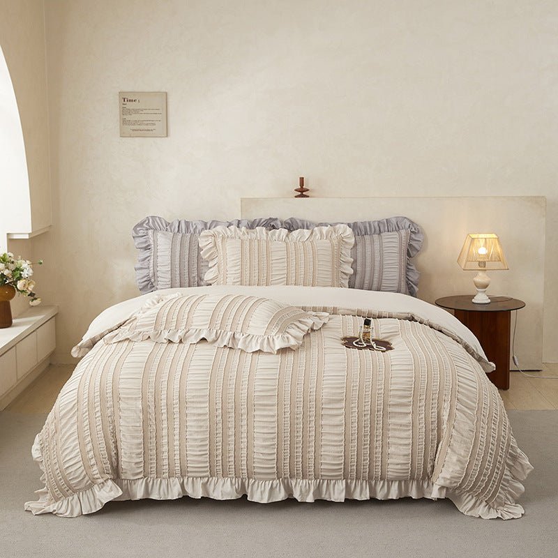 Beige Elegant Ruffle Seersucker Duvet Cover with 2PCS Pillow Shams - 3 - Piece Vertical Stripe Clipped Floral Textured Bedding (King Size 264 x 229 CM) - SportZone.co.nz