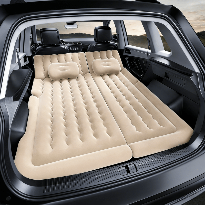Beige Multi - Chamber Car Inflatable Air Mattress with Electric Pump, Storage Bag & Pillows for Universal Trunk Sleeping and Camping (174 x 126 CM) - SportZone.co.nz