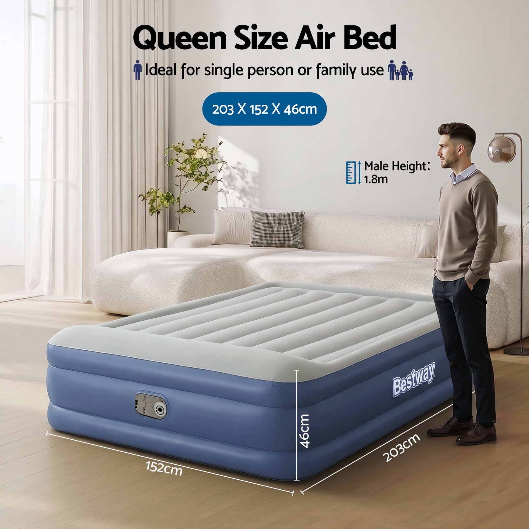 Bestway Air Mattress Queen Inflatable Bed 46cm Airbed Blue - SportZone.co.nz