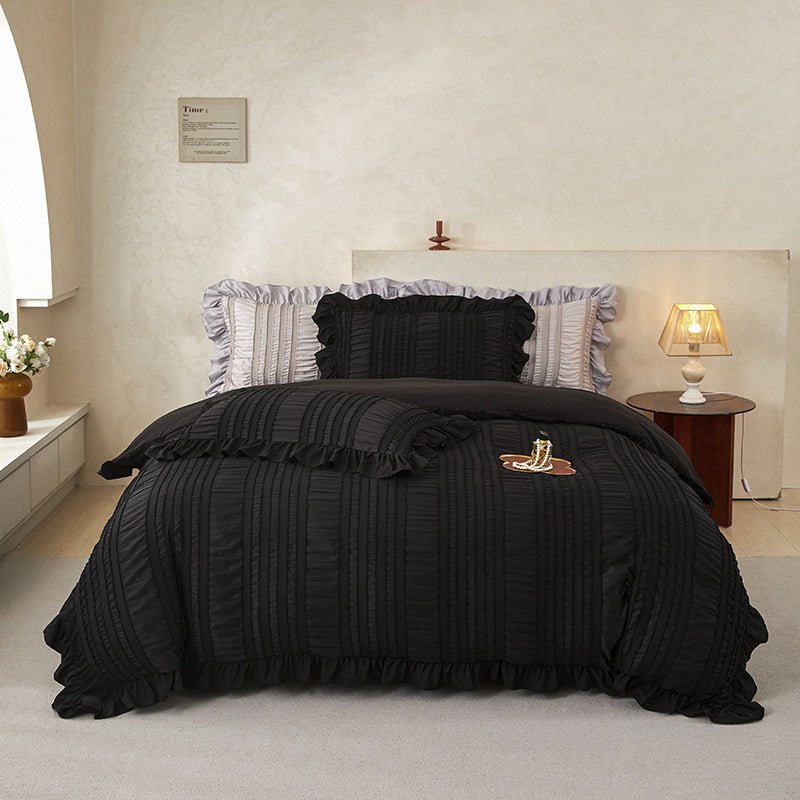 Black Elegant Ruffle Seersucker Duvet Cover with 2PCS Pillow Shams - 3 - Piece Vertical Stripe Clipped Floral Textured Bedding (King Size 264 x 229 CM) - SportZone.co.nz