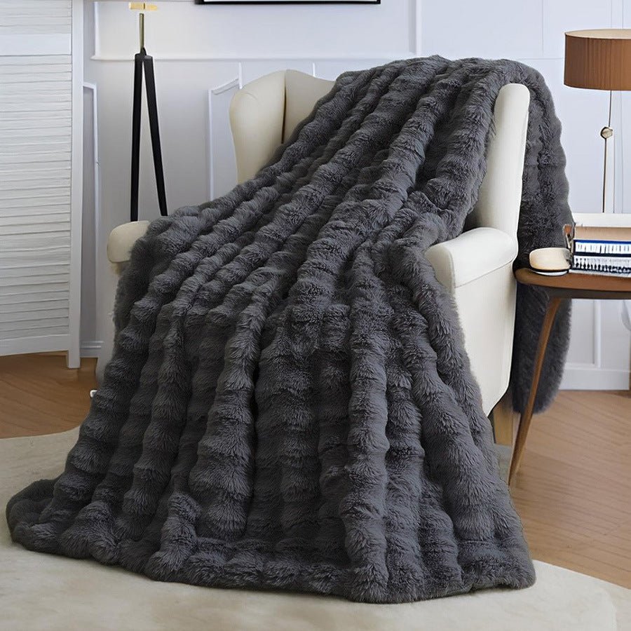 Black Grey Luxury Tuscany Fleece Rabbit Fur Bubble Blanket (200 x 230 CM) - Double - Sided Thickened Soft Plush Bedding & Extra Large Bed Blanket - SportZone.co.nz