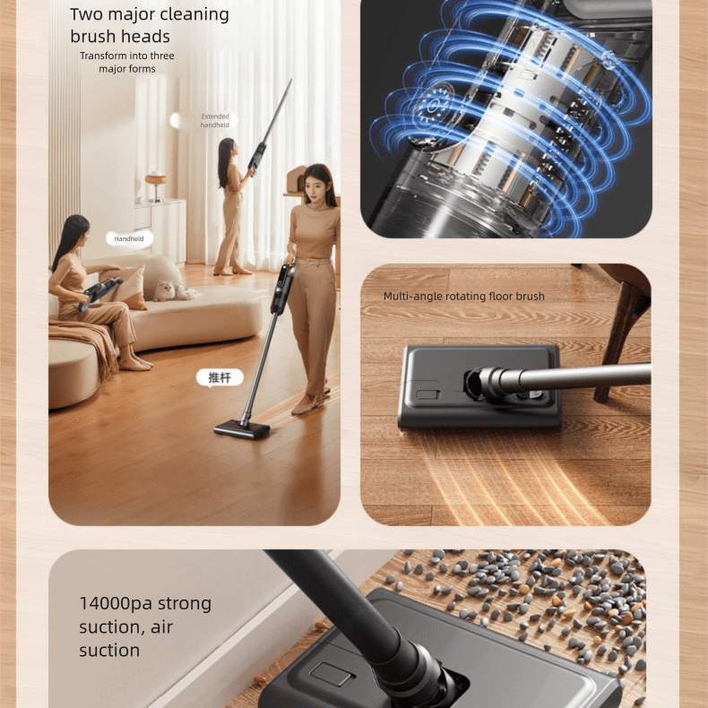 Black Wireless Stick Vacuum Cleaner with 14000Pa Suction, HEPA Filter & 350ml Water Tank for Wet Dry Cleaning, Ideal for Home Use - SportZone.co.nz