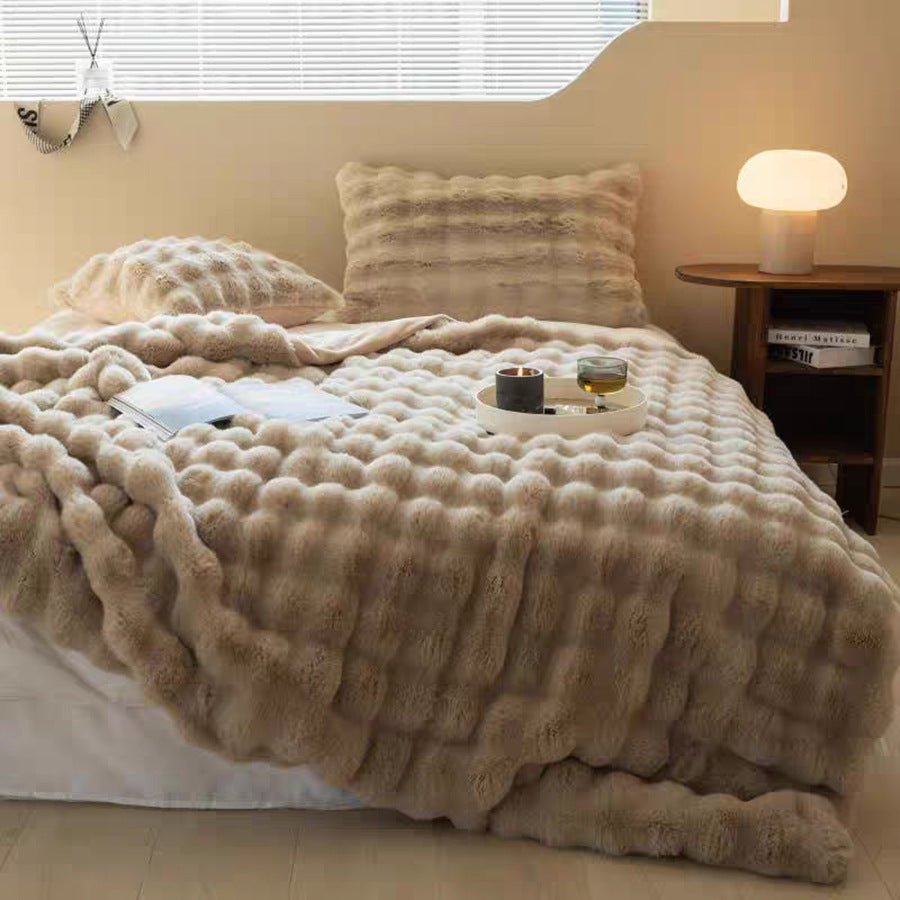 Brown Luxury Tuscany Fleece Rabbit Fur Bubble Blanket - Double - Sided Thickened Soft Plush Large Bedding Set(180x200 CM Large Blanket + 2 Pack 45x45 CM Cushion Cover) - SportZone.co.nz