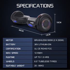 BULLET SX-2000 500W Self Balancing Hoverboard Scooter with LED Lights - Black - SportZone.co.nz