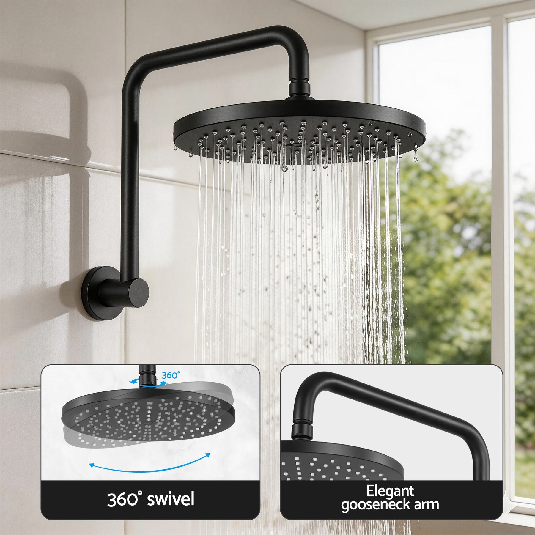 Cefito 9'' Rain Overhead Swivel Shower Head with Wall Twin Swivel Bathroom Tap - SportZone.co.nz