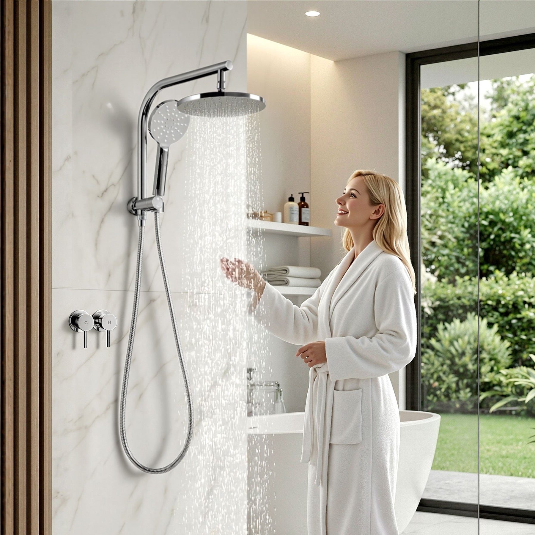 Cefito 9'' Rain Shower Head Set Handheld Round High Pressure Twins Tap Chrome - SportZone.co.nz