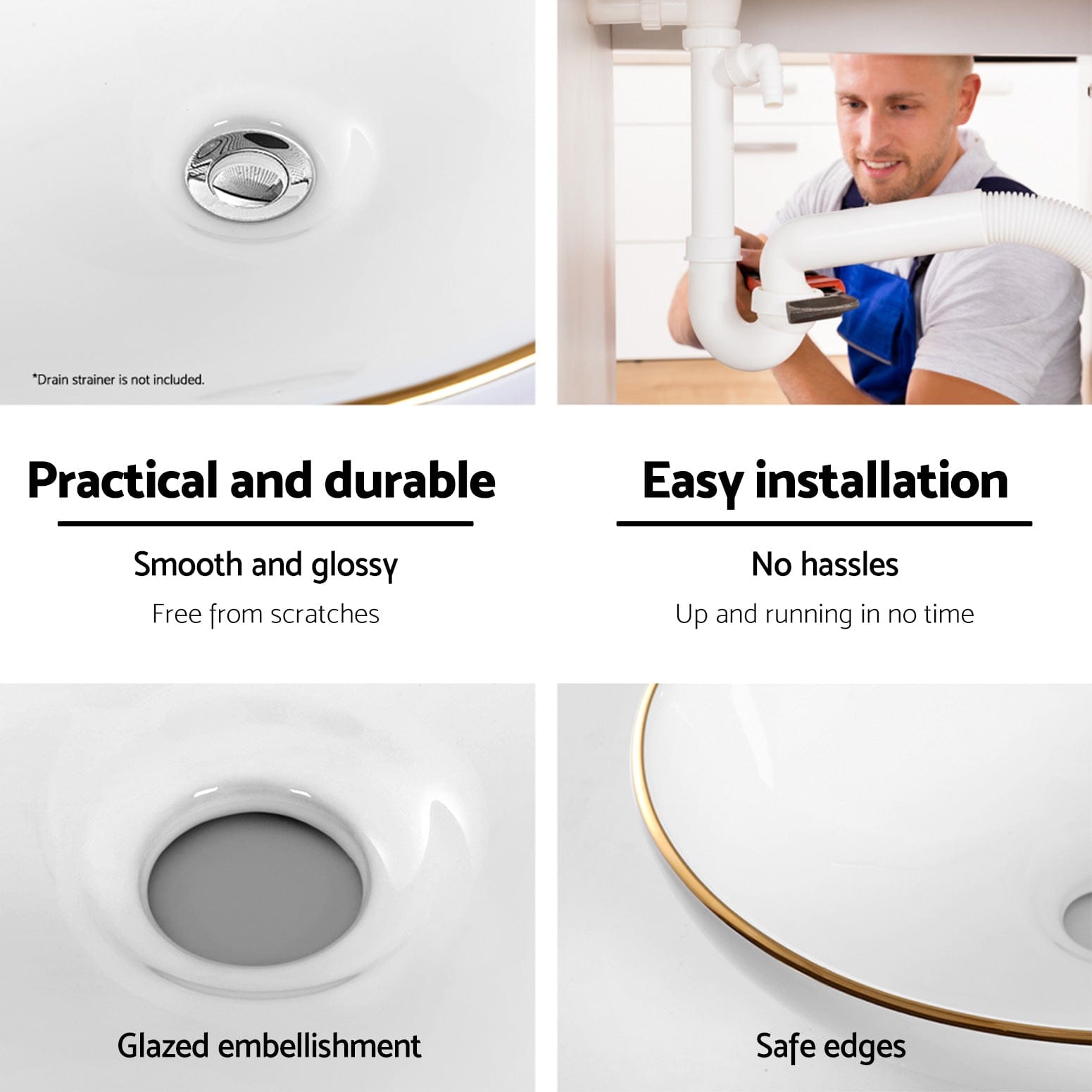 Cefito Bathroom Basin Ceramic Vanity Sink Hand Wash Bowl Gold Line 41x34cm - SportZone.co.nz