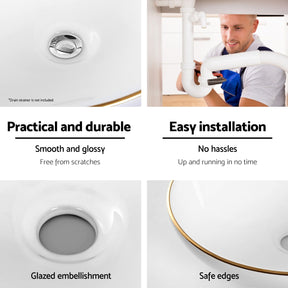 Cefito Bathroom Basin Ceramic Vanity Sink Hand Wash Bowl Gold Line 41x34cm - SportZone.co.nz