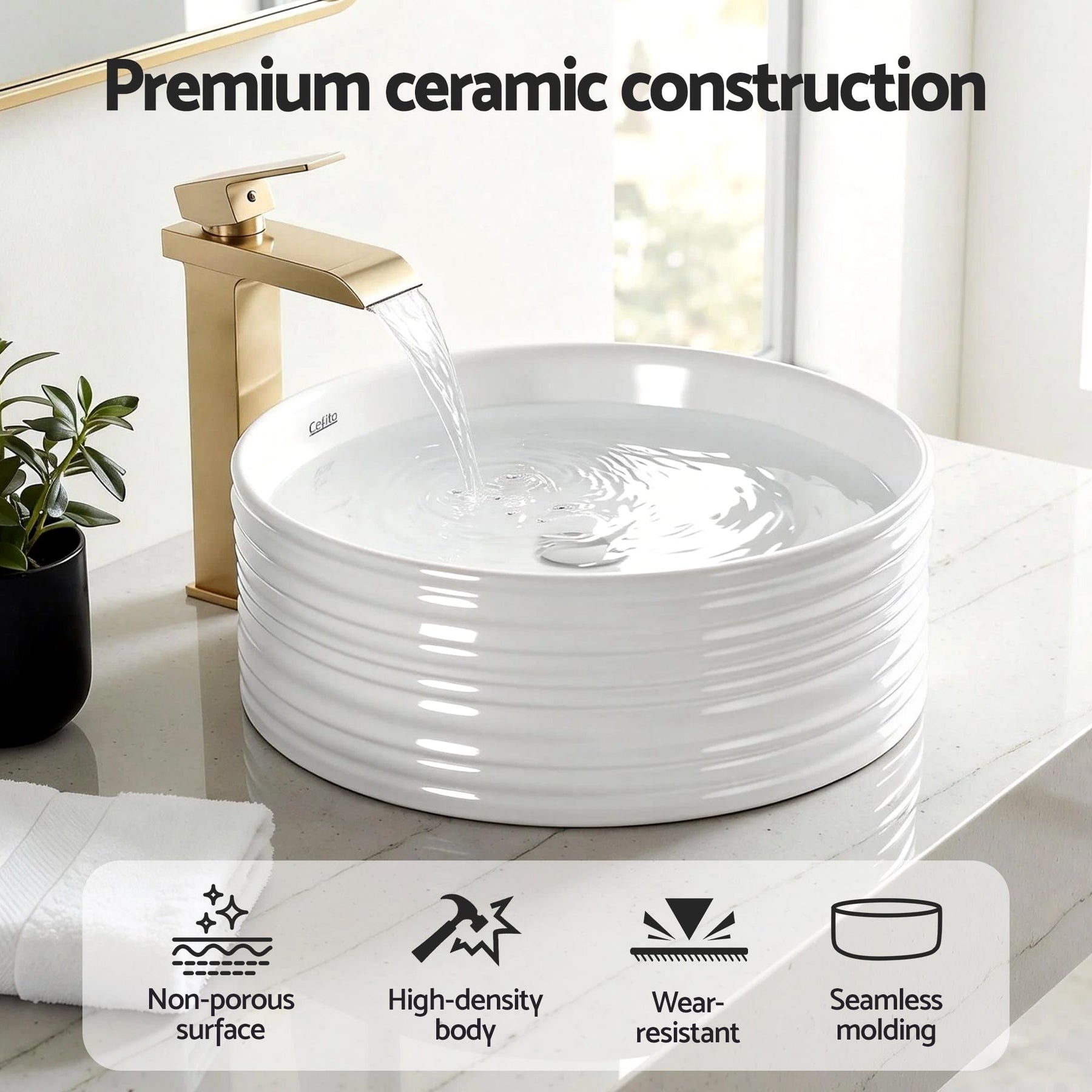 Cefito Bathroom Basin Vanity Sink Vessel Ceramic White Round Countertop 36cm - SportZone.co.nz