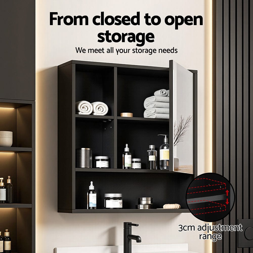 Cefito Bathroom Mirror Cabinet Mirrored Medicine Adjustable Shelf Wall Mounted 560mm Black - SportZone.co.nz