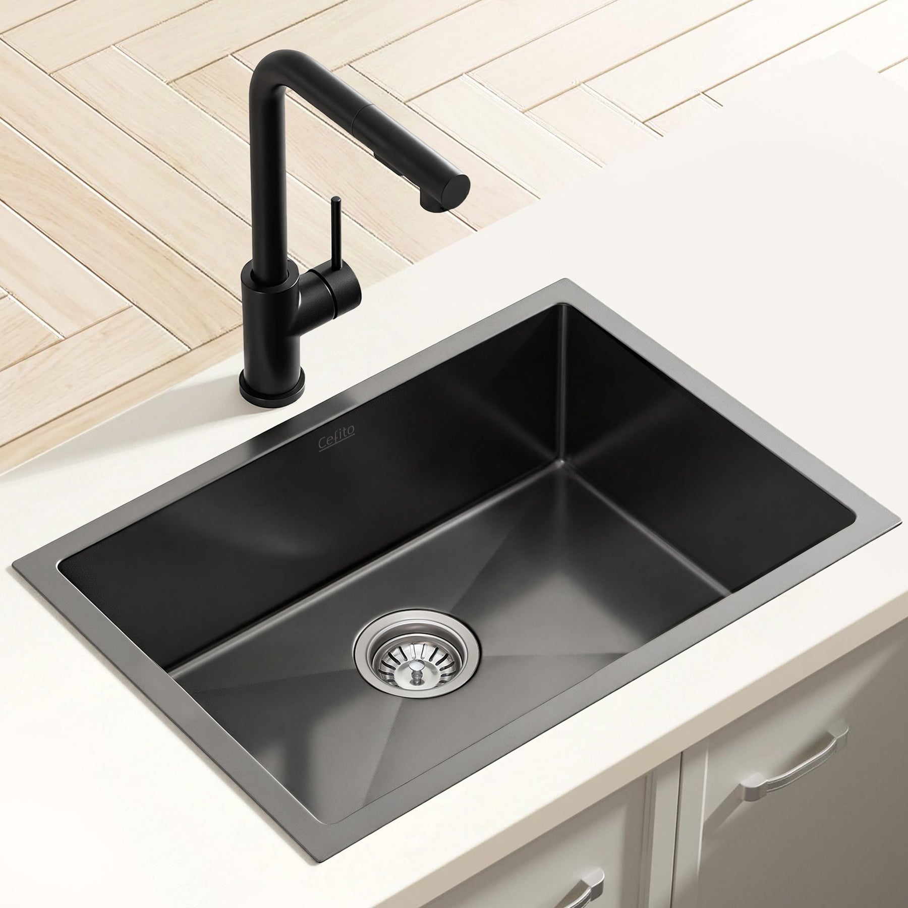 Cefito Stainless Steel Sink 30x45CM With Pull Out Mixer Tap Kitchen Basin Single Bowl Black - SportZone.co.nz