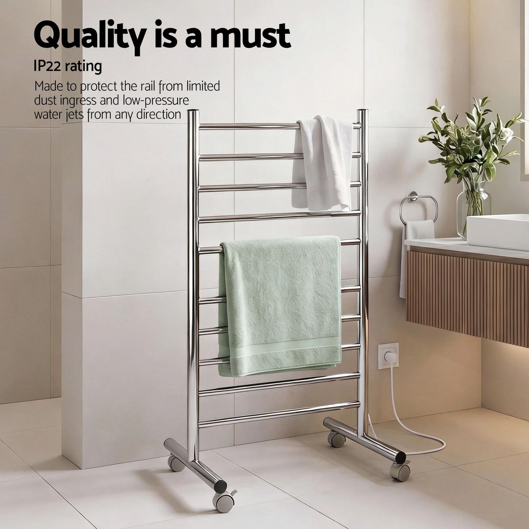 Devanti 10 - Bar Freestanding Heated Towel Rail 3 - 5 Mins Fast Heating Electric Towel Warmer for Bathroom Winter Drying Stainless Steel Plug In 100W - SportZone.co.nz