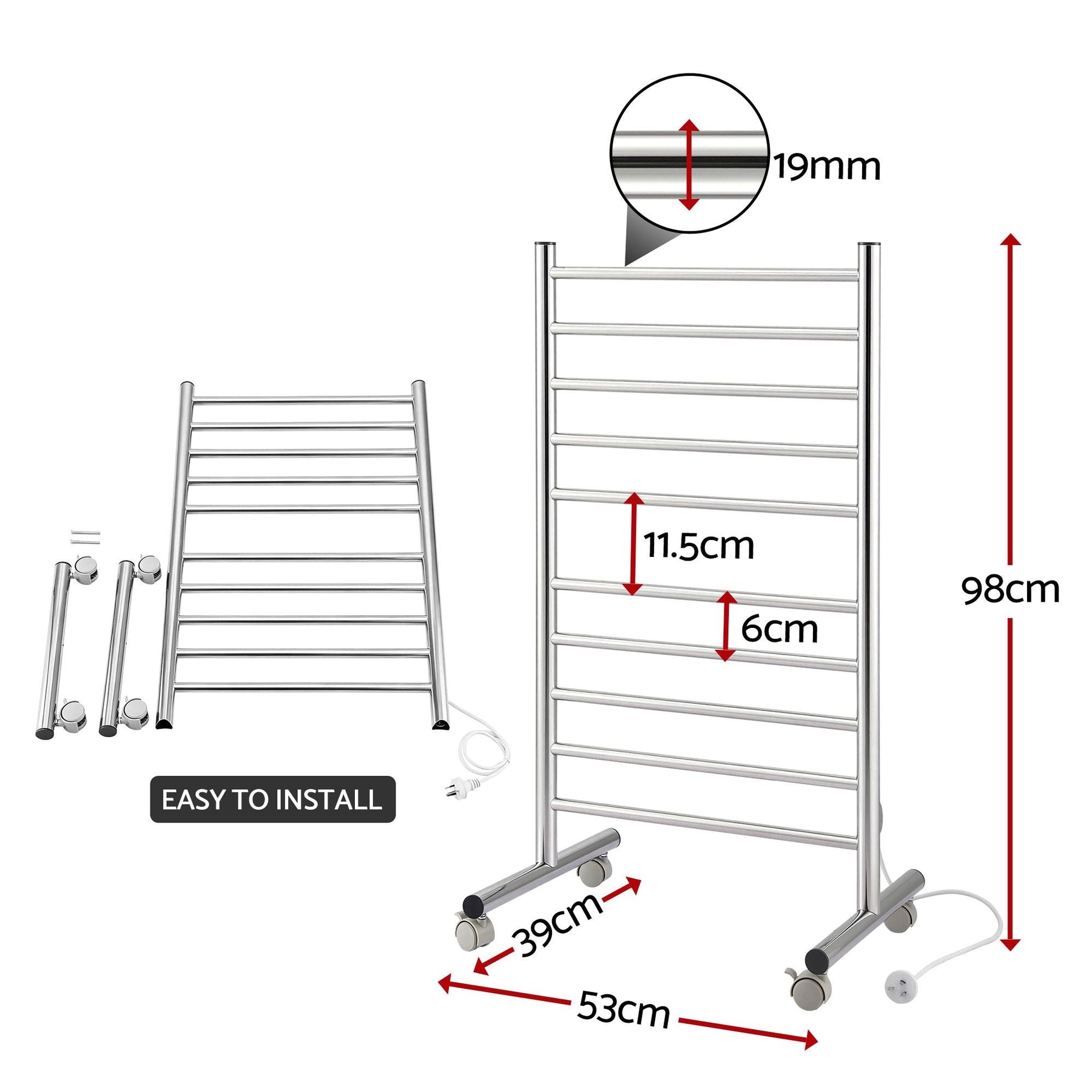 Devanti 10 - Bar Freestanding Heated Towel Rail 3 - 5 Mins Fast Heating Electric Towel Warmer for Bathroom Winter Drying Stainless Steel Plug In 100W - SportZone.co.nz