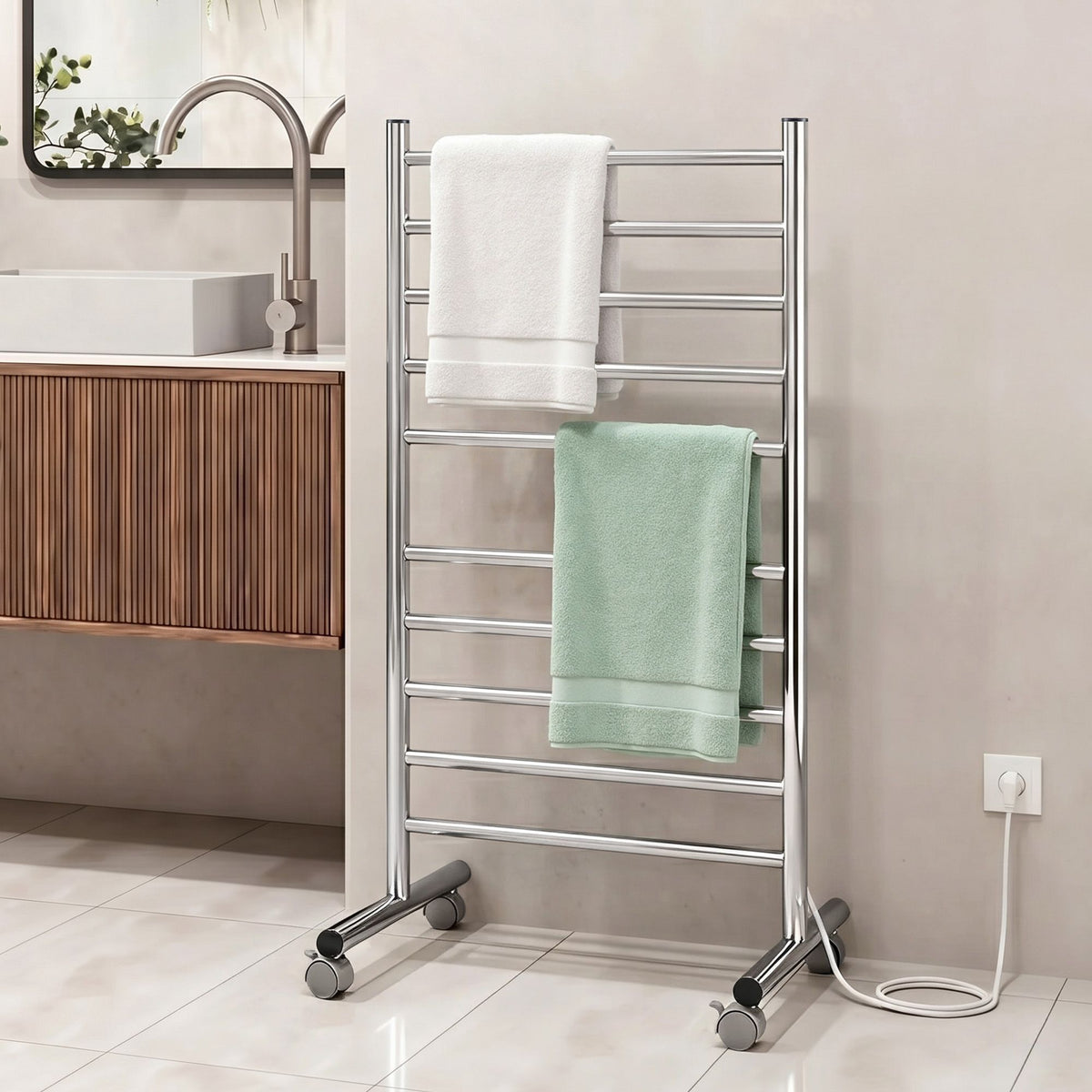 Devanti 10 - Bar Freestanding Heated Towel Rail 3 - 5 Mins Fast Heating Electric Towel Warmer for Bathroom Winter Drying Stainless Steel Plug In 100W - SportZone.co.nz