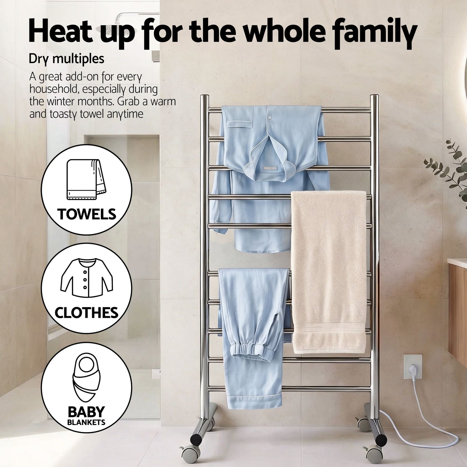 Devanti 10 - Bar Freestanding Heated Towel Rail 3 - 5 Mins Fast Heating Electric Towel Warmer for Bathroom Winter Drying Stainless Steel Plug In 100W - SportZone.co.nz