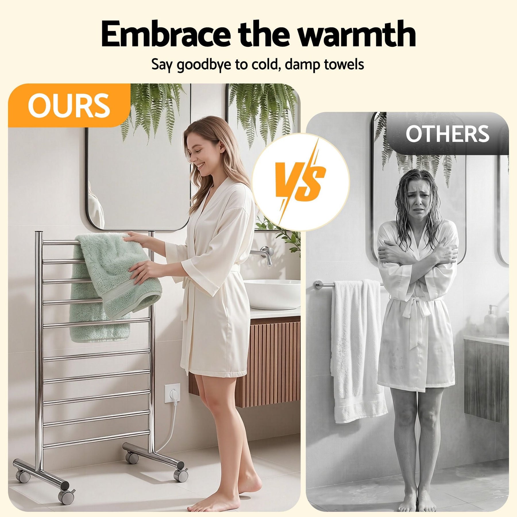 Devanti 10 - Bar Freestanding Heated Towel Rail 3 - 5 Mins Fast Heating Electric Towel Warmer for Bathroom Winter Drying Stainless Steel Plug In 100W - SportZone.co.nz