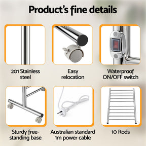 Devanti 10 - Bar Freestanding Heated Towel Rail 3 - 5 Mins Fast Heating Electric Towel Warmer for Bathroom Winter Drying Stainless Steel Plug In 100W - SportZone.co.nz