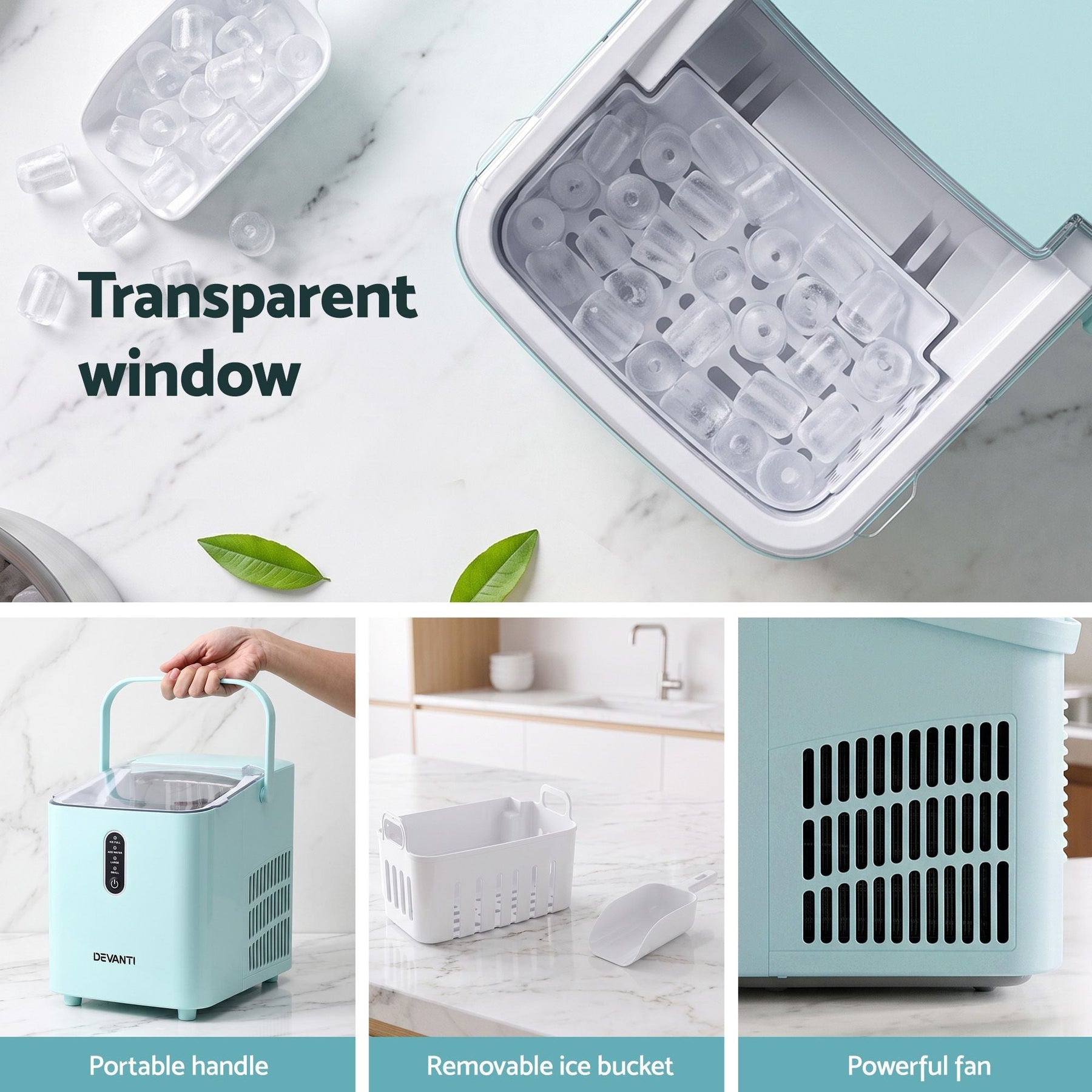 Devanti 12KG Ice Maker Machine Bullet Ice Cube Portable Green - SportZone.co.nz