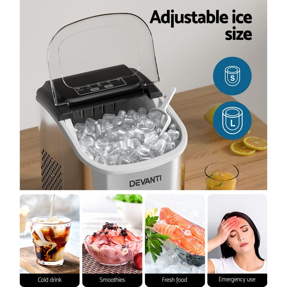 Devanti 12kg Ice Maker Machine w/Self Cleaning Silver - SportZone.co.nz