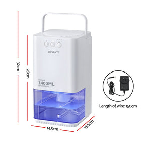 Devanti 1400ML Portable Dehumidifier Quiet Sleep Mode Timer Auto Off Bedroom White - SportZone.co.nz