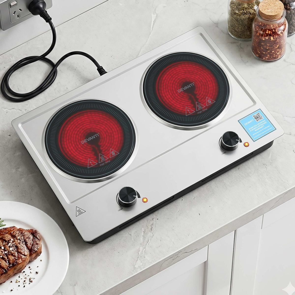 Devanti 2 Hobs Ceramic Cooktop Electric Hot Plate Infrared Knob Control 2400W - SportZone.co.nz