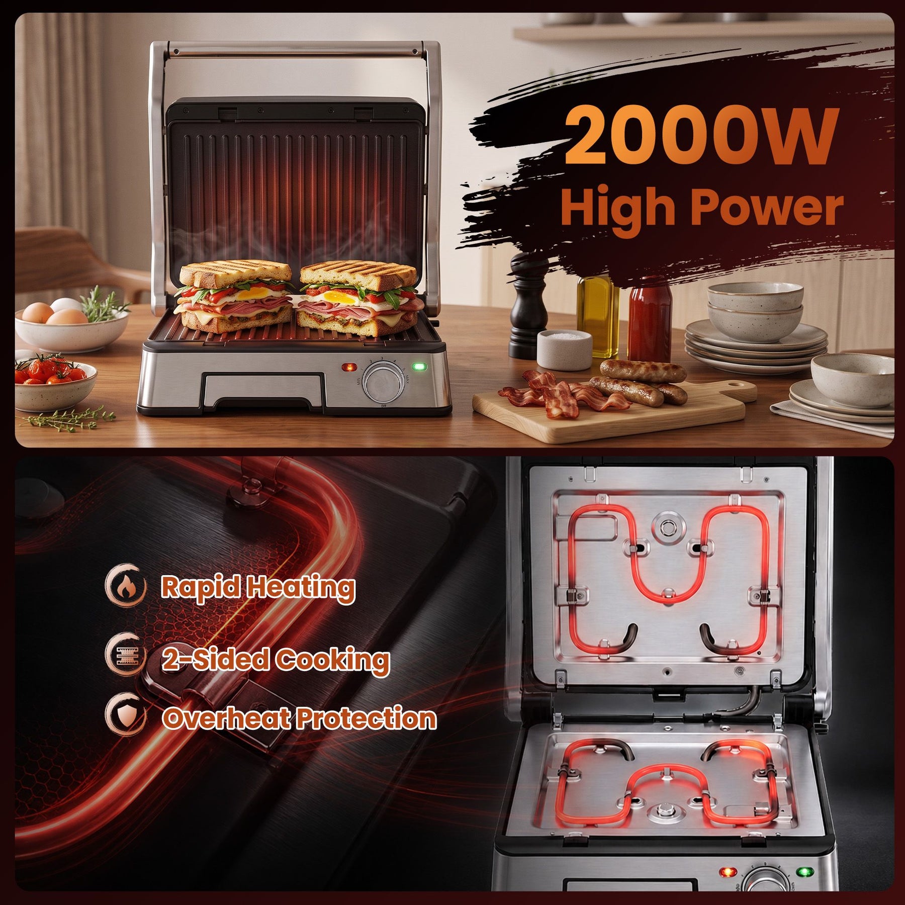 Devanti 2000W 3-in-1 Panini Press Grill Sandwich Maker 180° Open 4 Slice - SportZone.co.nz