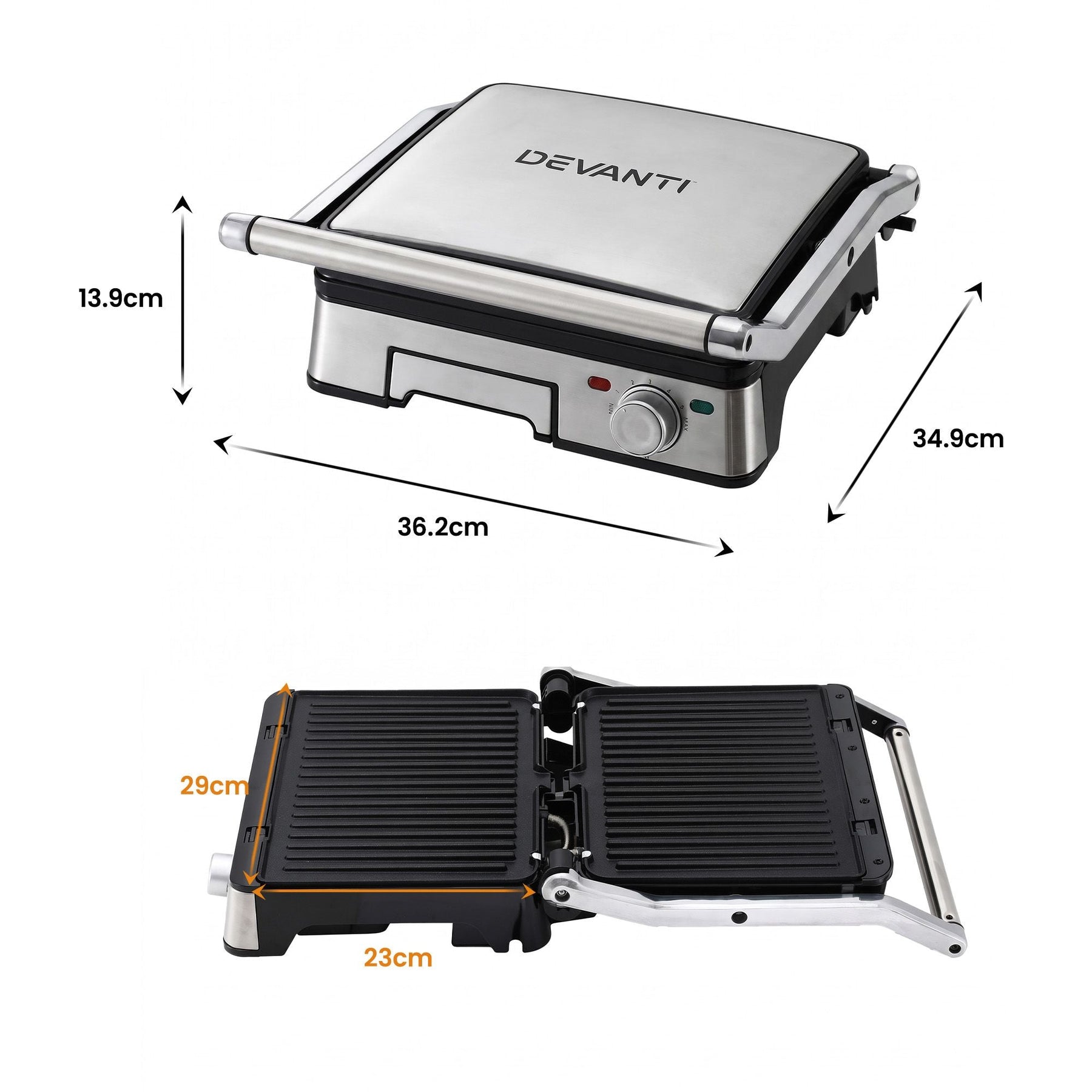 Devanti 2000W 3-in-1 Panini Press Grill Sandwich Maker 180° Open 4 Slice - SportZone.co.nz