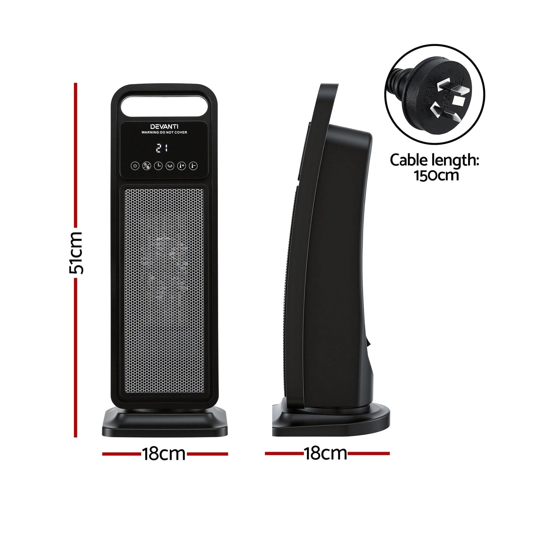 Devanti 2000W Ceramic Tower Heater Space Heaters Indoor Oscillating Black - SportZone.co.nz