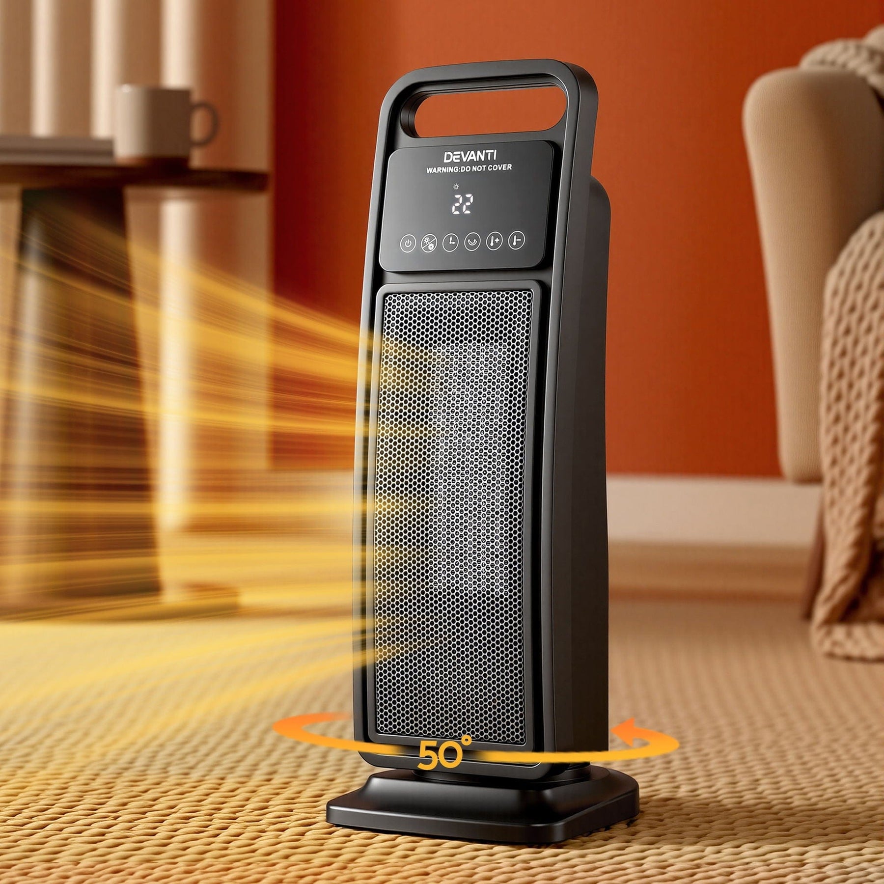 Devanti 2000W Ceramic Tower Heater Space Heaters Indoor Oscillating Black - SportZone.co.nz