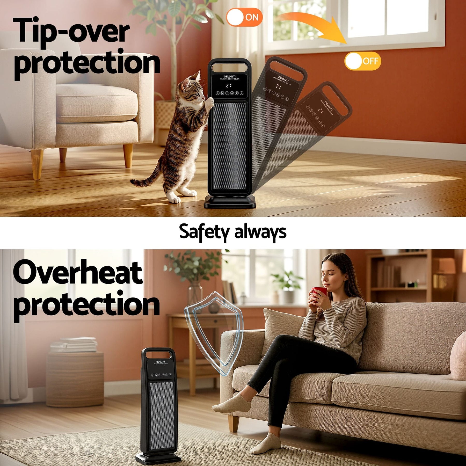 Devanti 2000W Ceramic Tower Heater Space Heaters Indoor Oscillating Black - SportZone.co.nz