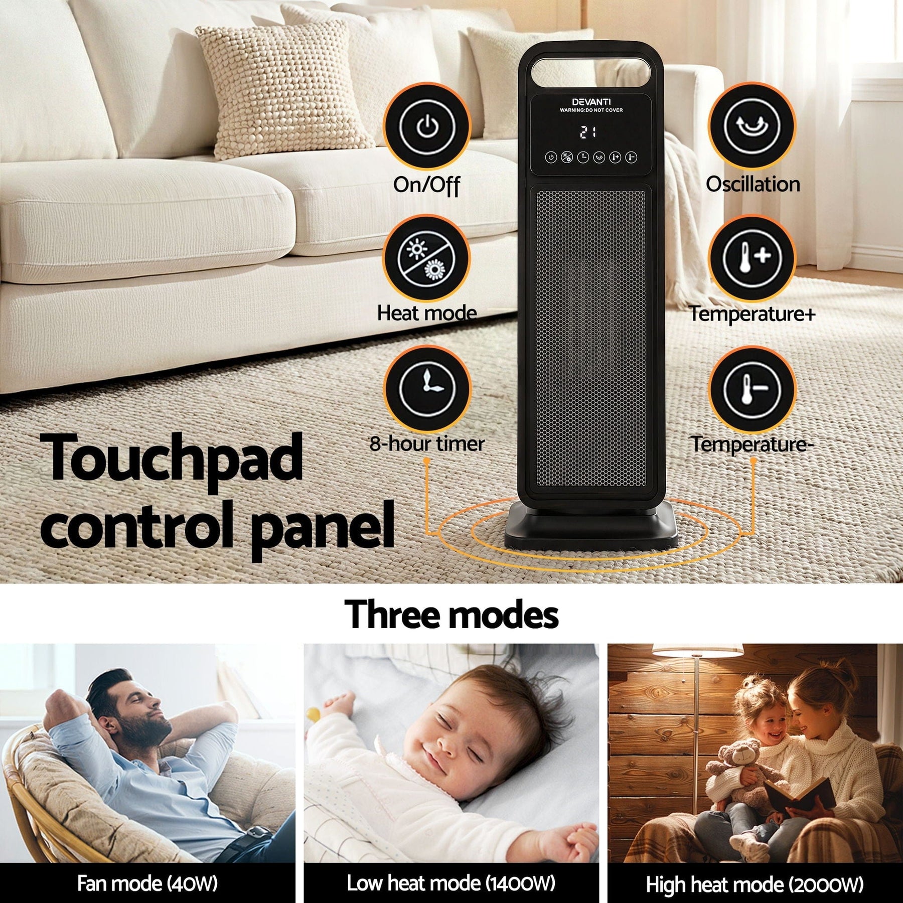 Devanti 2000W Ceramic Tower Heater Space Heaters Indoor Oscillating Black - SportZone.co.nz