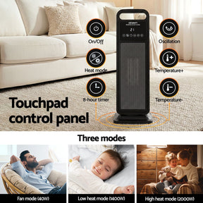 Devanti 2000W Ceramic Tower Heater Space Heaters Indoor Oscillating Black - SportZone.co.nz