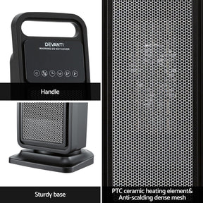 Devanti 2000W Ceramic Tower Heater Space Heaters Indoor Oscillating Black - SportZone.co.nz