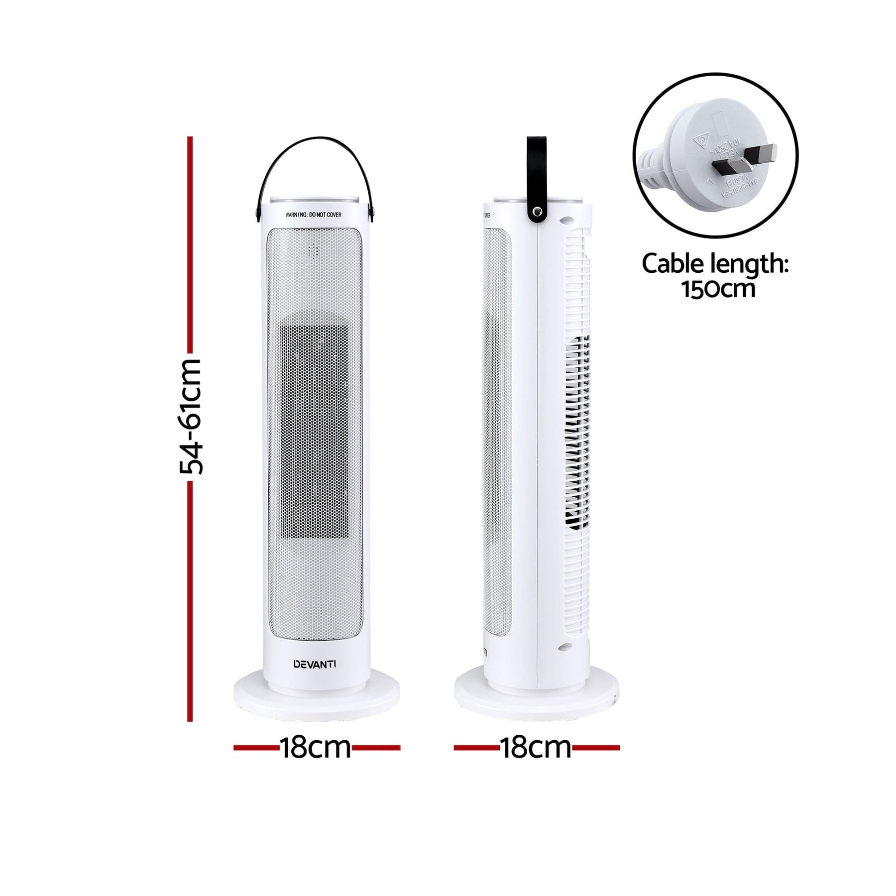 Devanti 2000W Ceramic Tower Heater Space Heaters Oscillating Indoor White - SportZone.co.nz