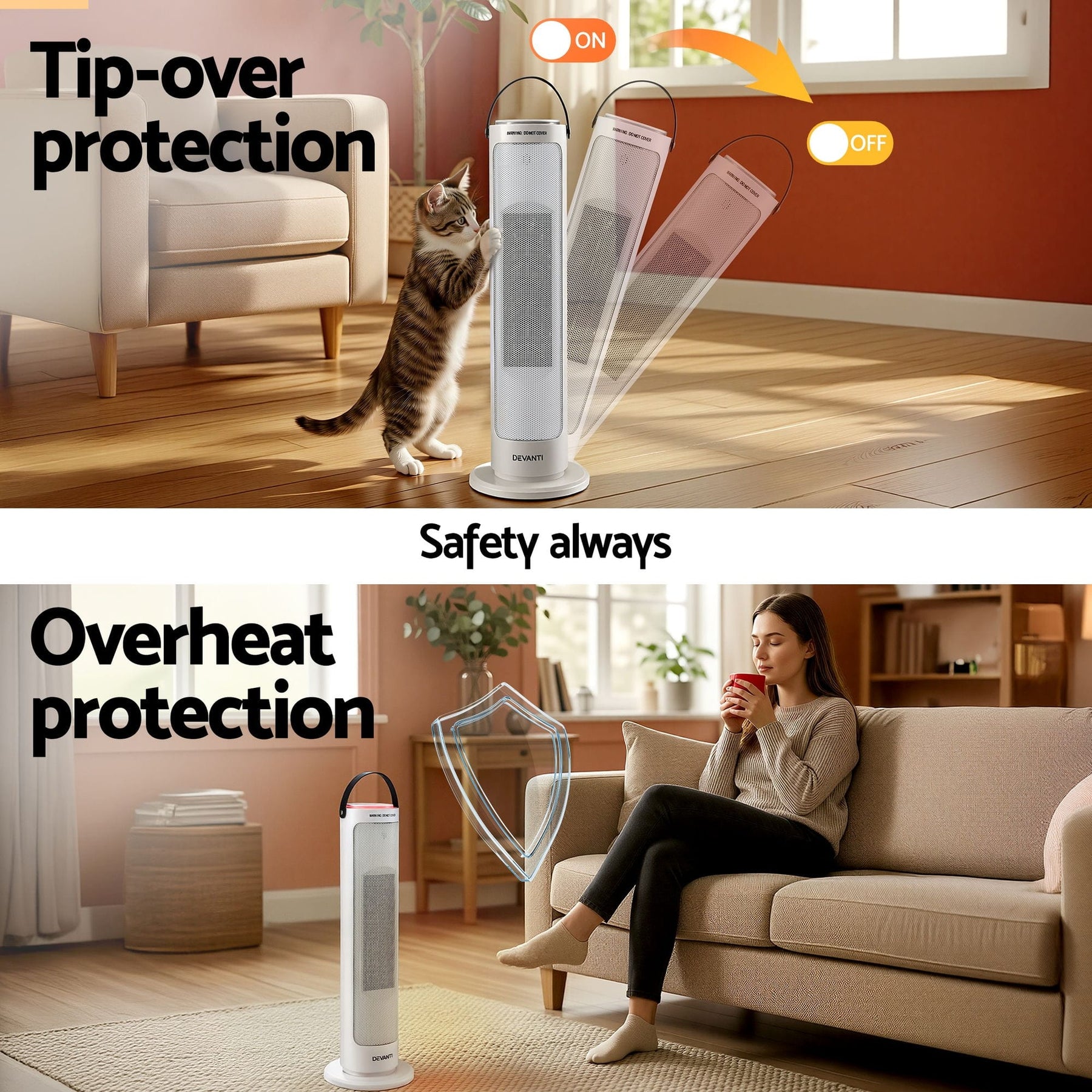 Devanti 2000W Ceramic Tower Heater Space Heaters Oscillating Indoor White - SportZone.co.nz