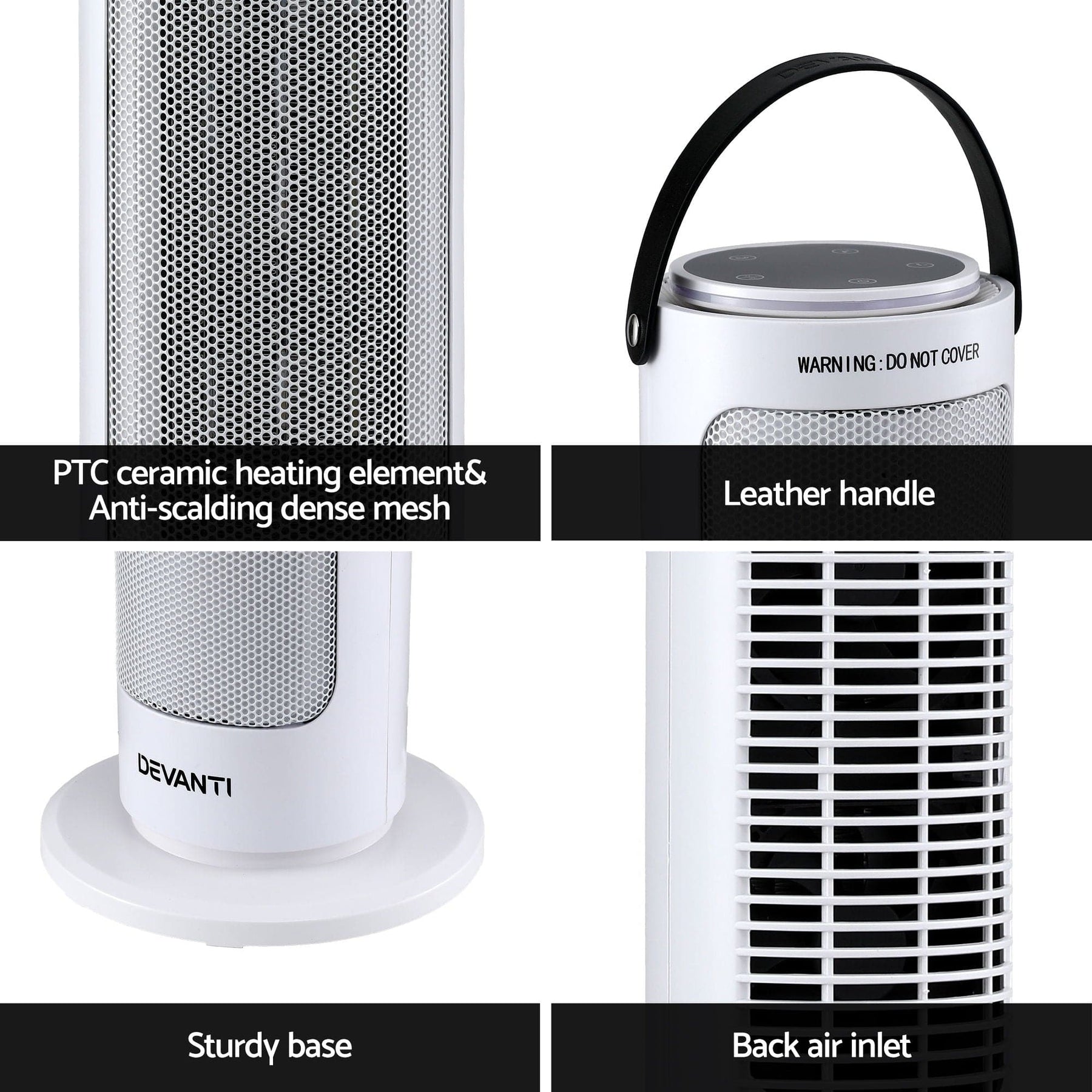Devanti 2000W Ceramic Tower Heater Space Heaters Oscillating Indoor White - SportZone.co.nz