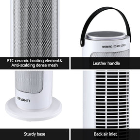 Devanti 2000W Ceramic Tower Heater Space Heaters Oscillating Indoor White - SportZone.co.nz
