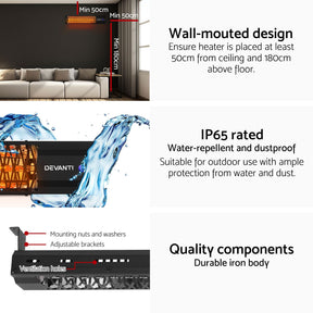Devanti 2PCS Electric Strip Heater Radiant Infrared Heaters 2000W - SportZone.co.nz