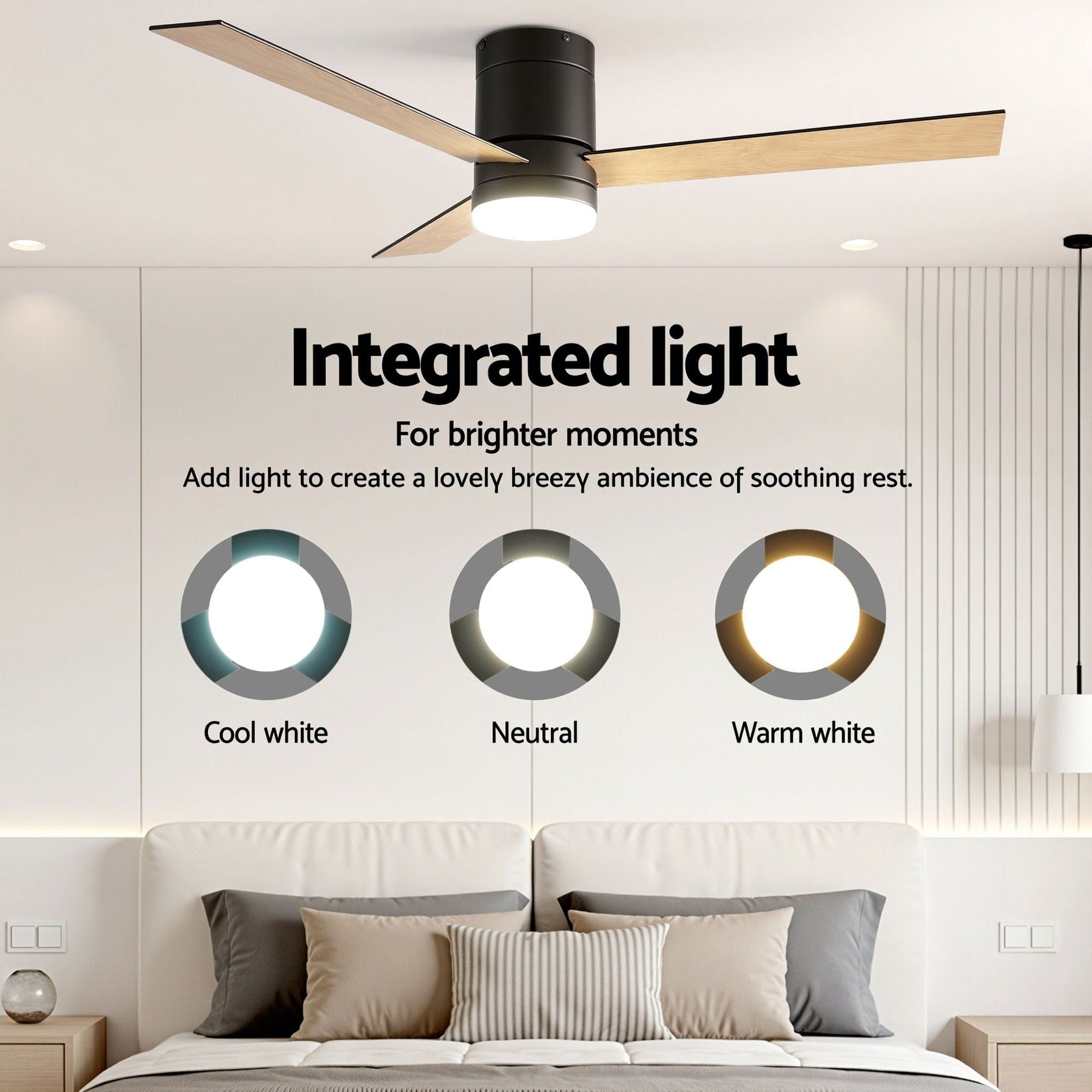 Devanti 52'' Ceiling Fan 3 Blades Double - sided DC Motor w/Light w/Remote Light Wood and bLack - SportZone.co.nz