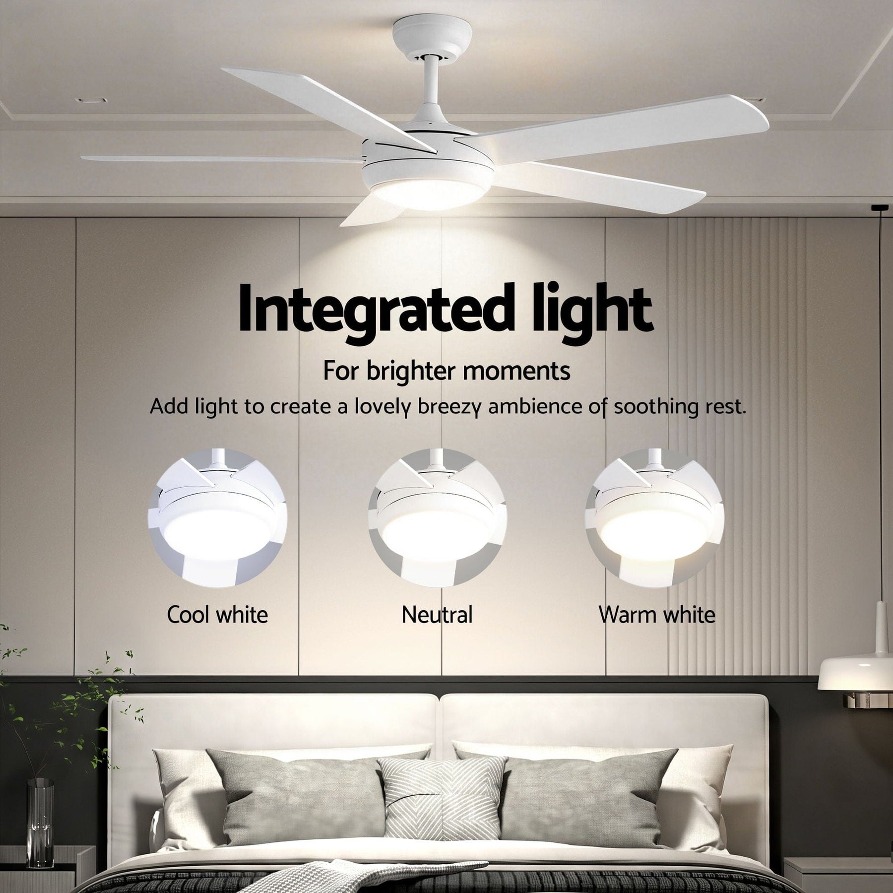 Devanti 52'' Ceiling Fan 5 Blades DC Motor w/Light w/Remote White - SportZone.co.nz