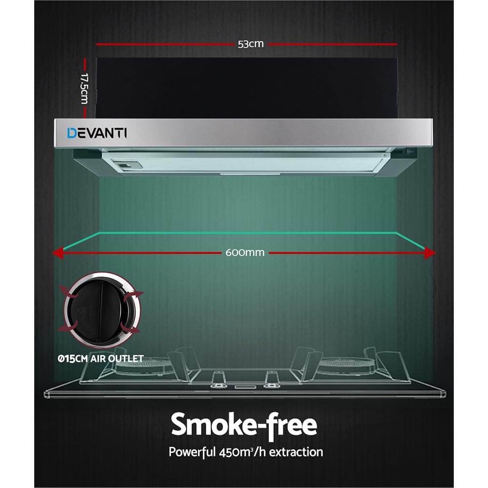 Devanti 600mm Range Hood 60cm Slide out Rangehood Stainless Steel - SportZone.co.nz