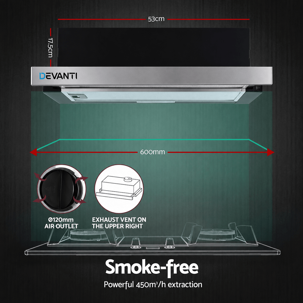 Devanti 600mm Range Hood 60cm Slide out Rangehood Stainless Steel - SportZone.co.nz