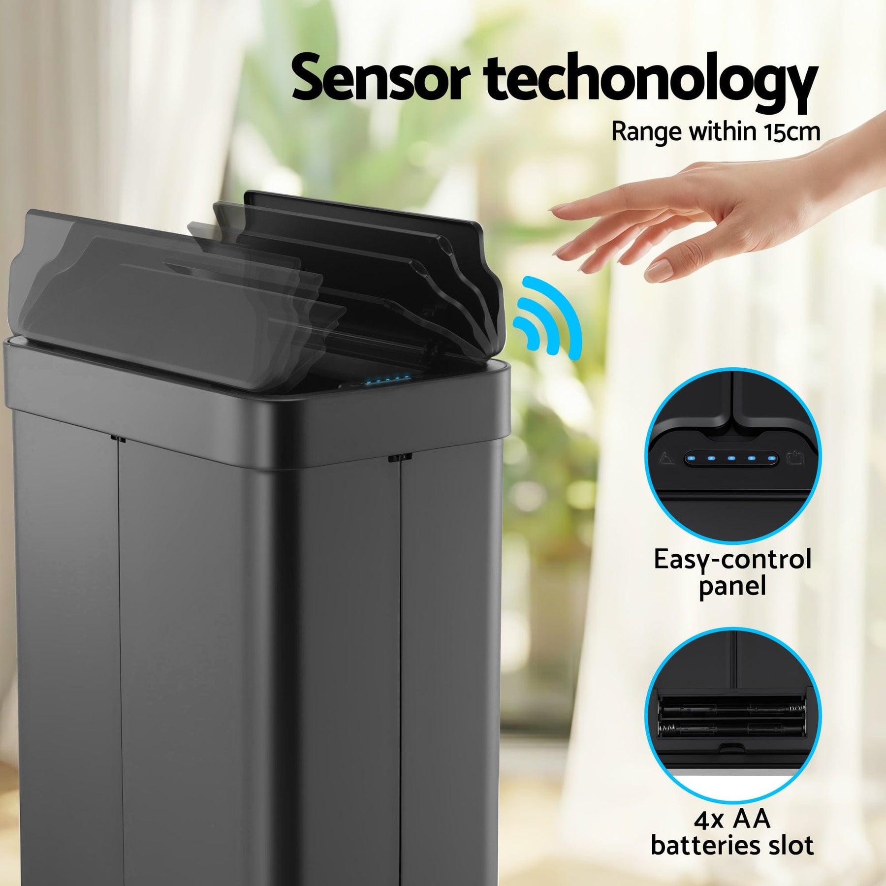 Devanti 70L Automatic Sensor Kitchen Bin – Touchless Smart Rubbish Bin - Black - SportZone.co.nz
