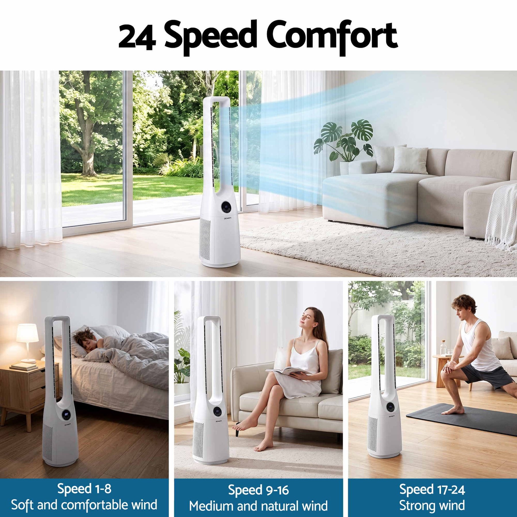 Devanti Bladeless Tower Fan 100cm 2-in-1 Cooling Airflow Purifying Remote - SportZone.co.nz