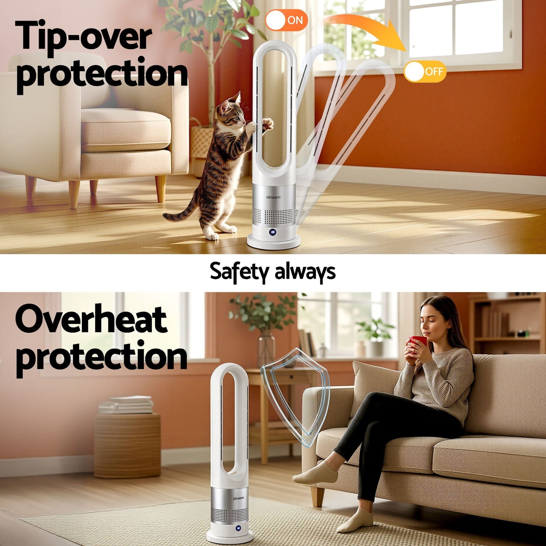 Devanti Bladeless Tower Fan Heater and Cooler 2in1 Portable Oscillation Fan for Bedroom Room Office Use White - SportZone.co.nz