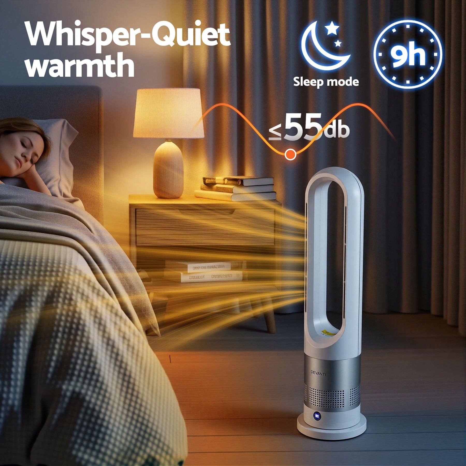 Devanti Bladeless Tower Fan Heater and Cooler 2in1 Portable Oscillation Fan for Bedroom Room Office Use White - SportZone.co.nz