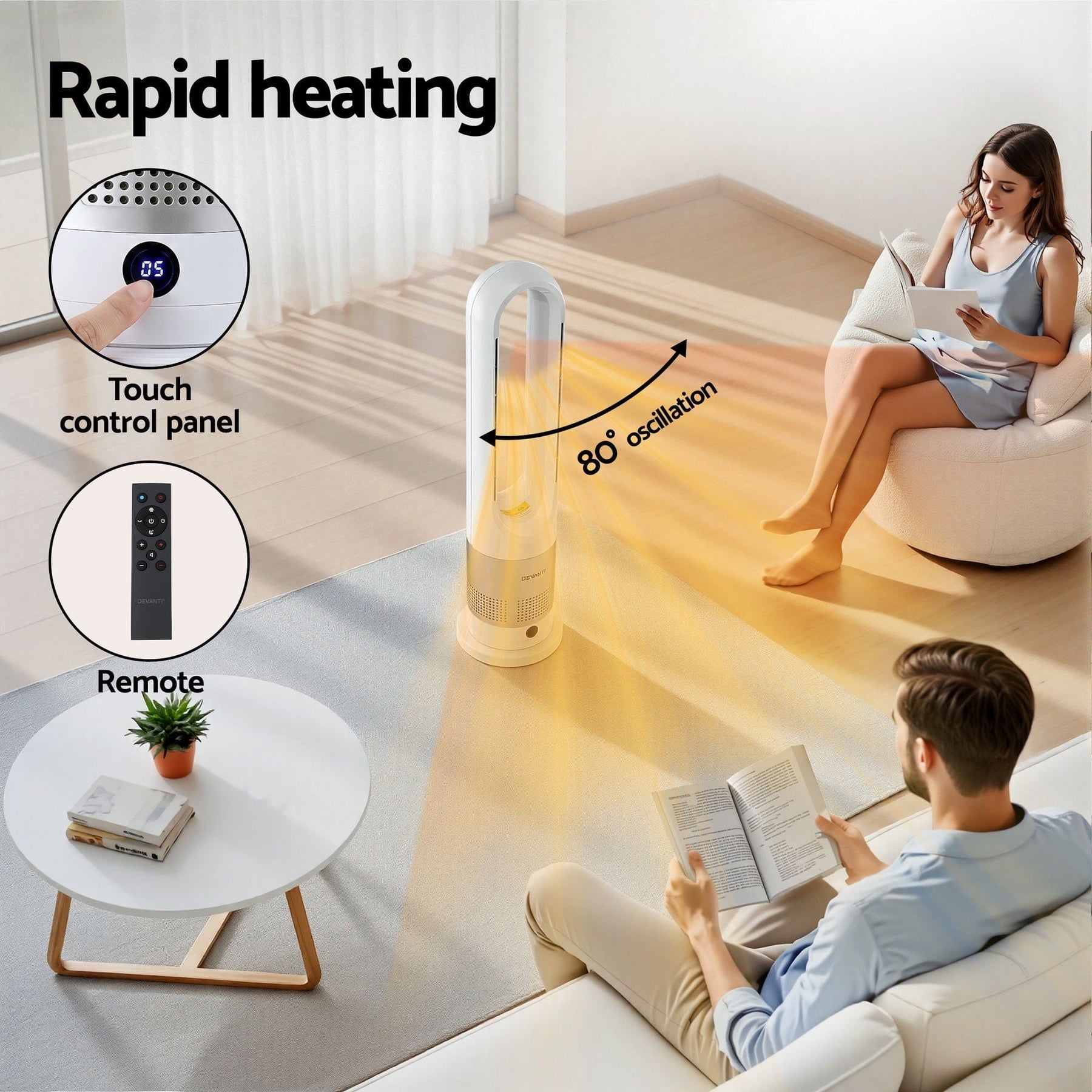 Devanti Bladeless Tower Fan Heater and Cooler 2in1 Portable Oscillation Fan for Bedroom Room Office Use White - SportZone.co.nz